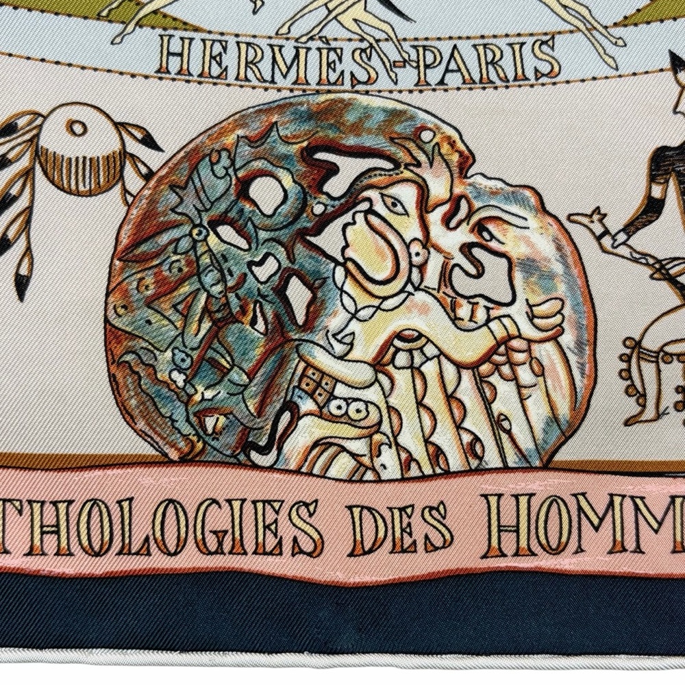 HERMÈS Les Mythologies des Hommes Rouges Scarf 90 Silk Carre with Box - Picture 4 of 12